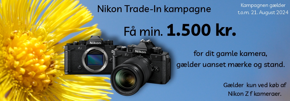 Nikon Trade in Kampange Få min 1.500 kr. for dit gamle kamera Gælder uanset mærke og stand gælder kun ved køb af Nikon Z f Kamera